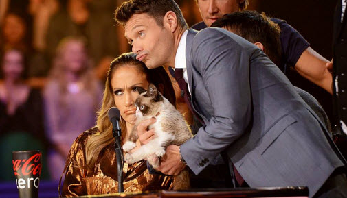 Ryan Seacrest and Jennifer Lopez with Grumpy Cat